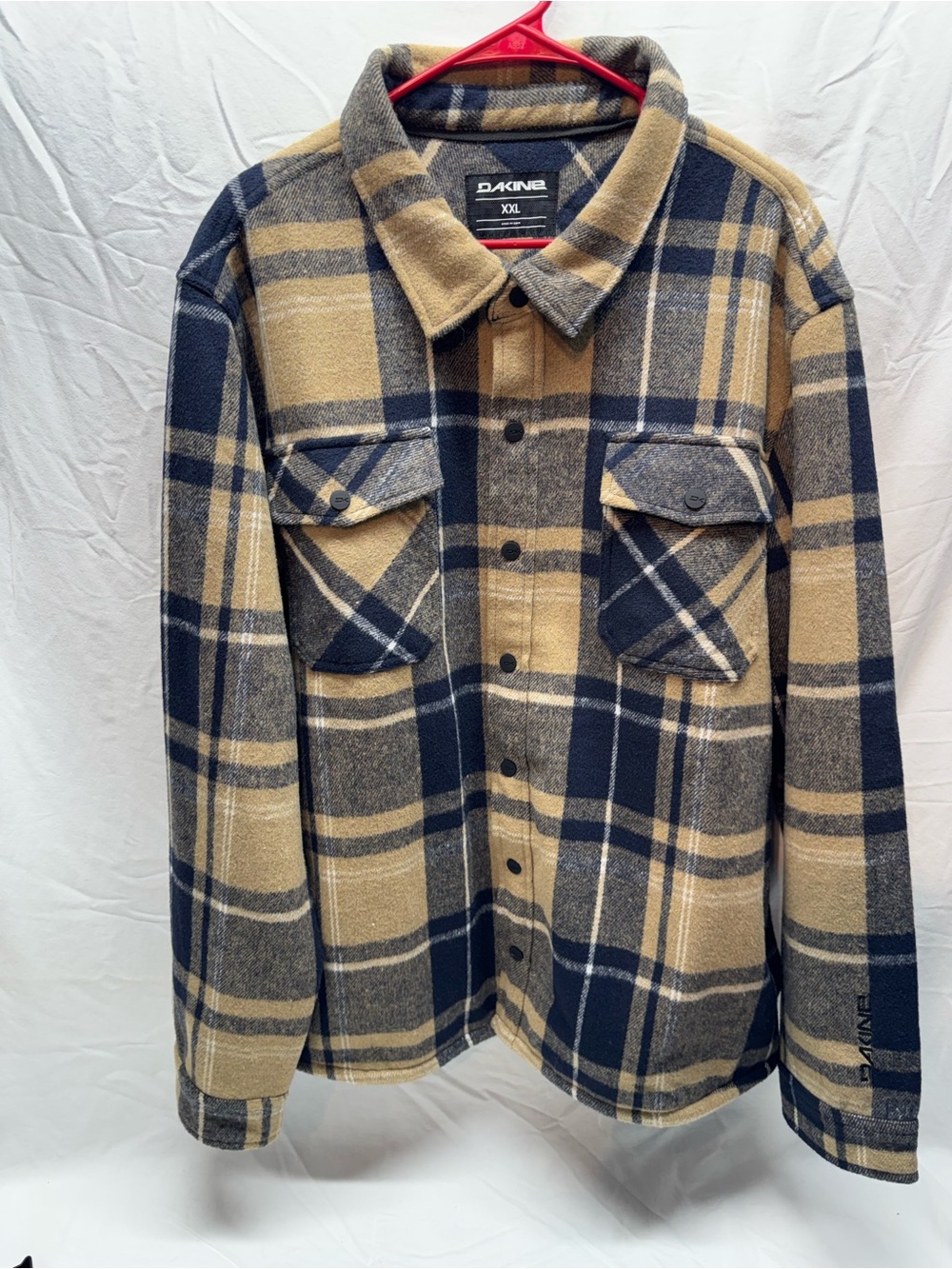 Dakine Men’s XXL Plaid Fleece Flannel Shirt Jacket Shacket Tan Navy